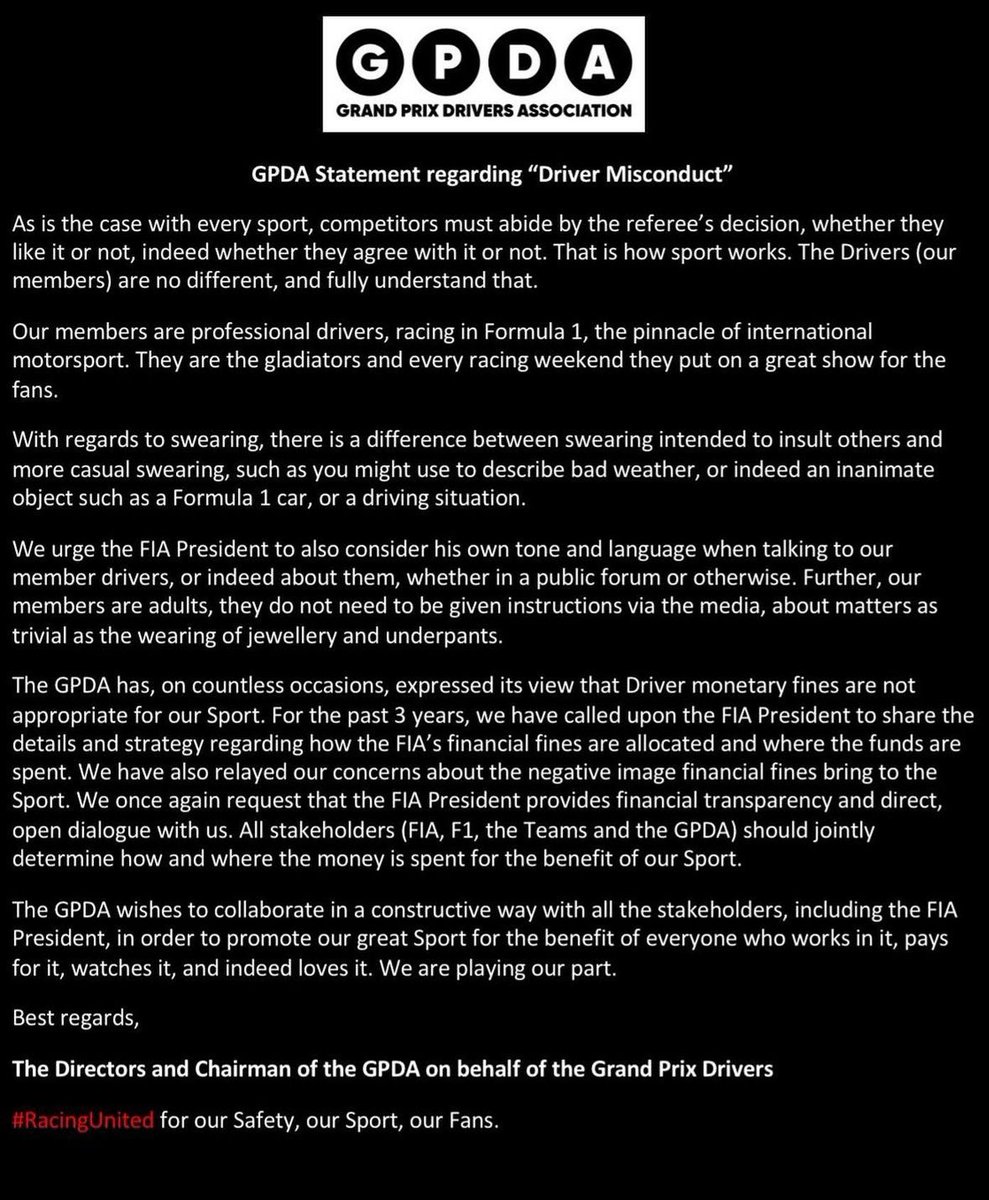 FastestPitStop's tweet image. 🚨 BREAKING: The GPDA release a open letter urging the FIA "to treat them like adults"

#F1 #Formula1