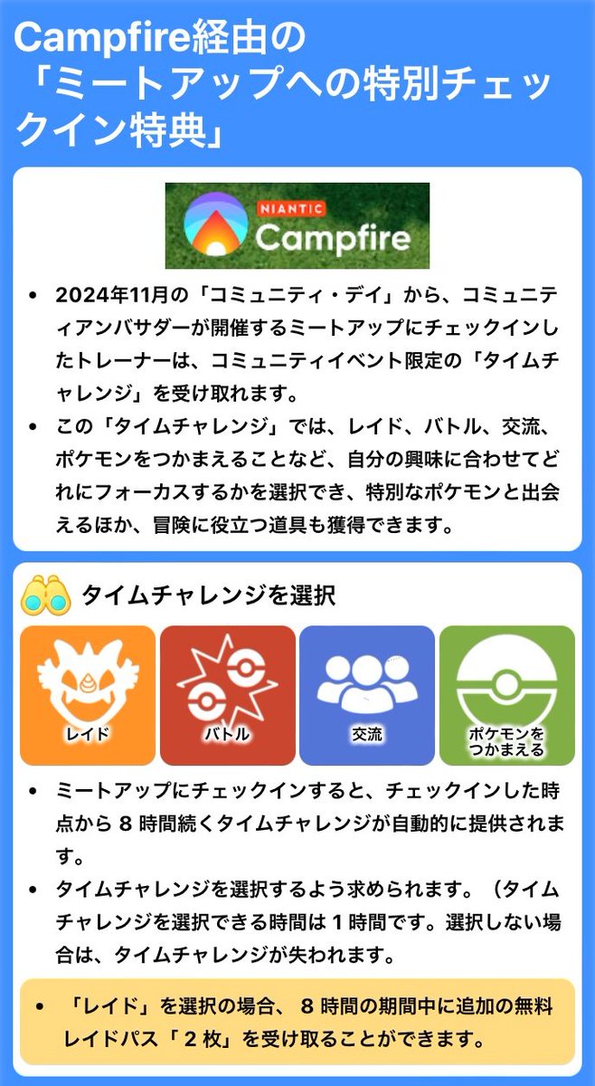 Campfire経由の「ミートアップへの特別チェックイン特典」の内容 ・タイムチャレンジをを選択 →限定フィールドリサーチが「ON」になる  →「レイド」を選択の場合、 8 時間の期間中に追加の無料レイドパス「 2 枚」を受け取れる ・チームコラボのボーナス ▽https://t.co ...