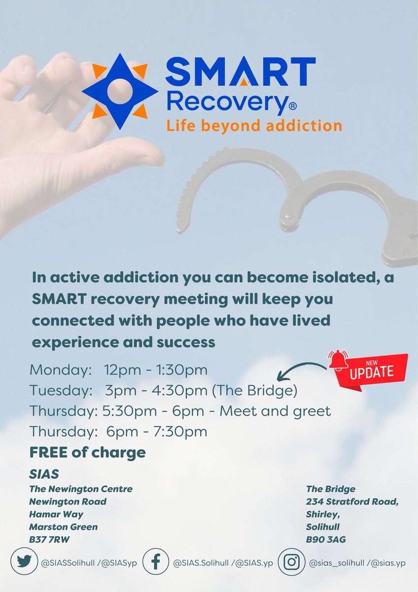 We have a SMART recovery group today between 6pm - 7:30pm at the Newington Centre, please call 0121 301 4141 for more information