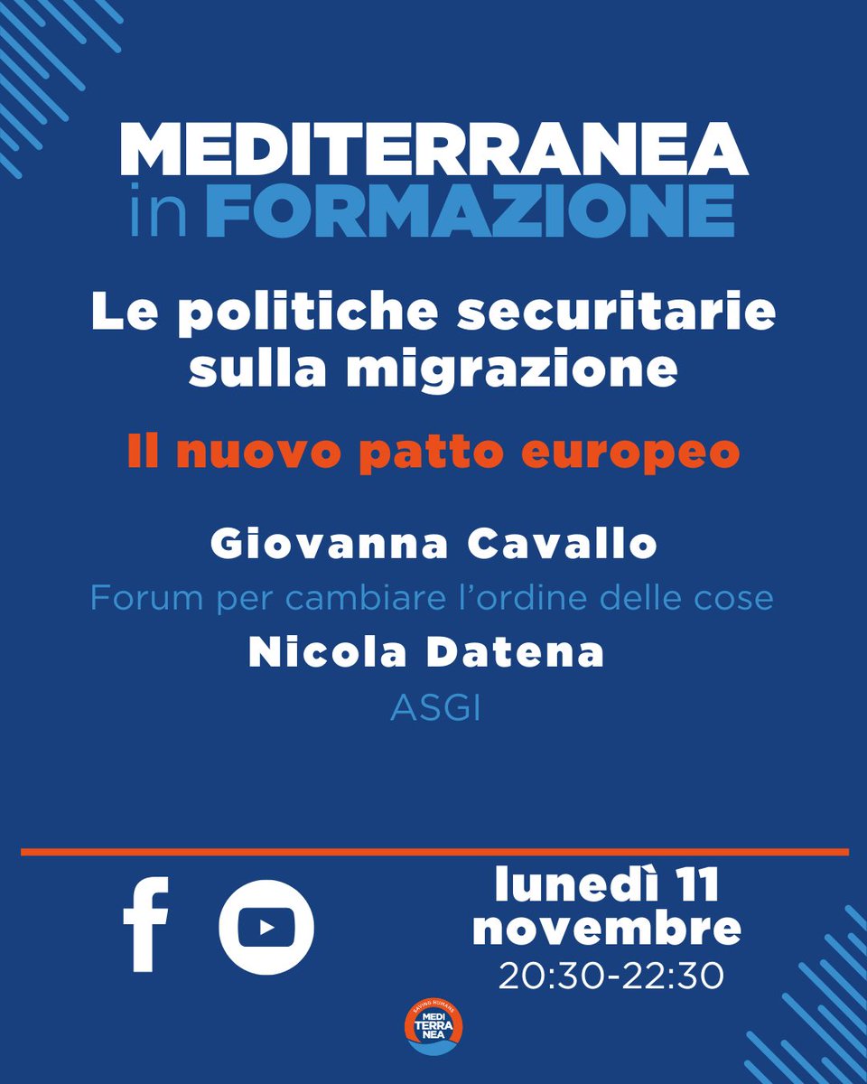 Con il ciclo di workshop dal titolo "Le politiche securitarie sulla migrazione", tornano gli incontri formativi di Mediterranea #SavingHumans.

📌Il nuovo patto europeo
📅 11 novembre 2024
⏱️20.30

In diretta su Youtube e Facebook 👇
youtube.com/watch?v=wiZt8u…
