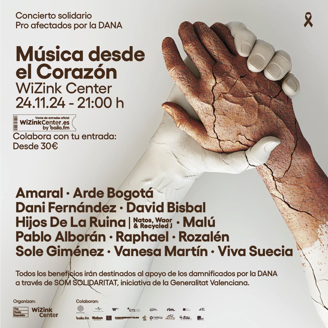 ❤️ CONCIERTO SOLIDARIO por la DANA en el #WiZinkCenter el próximo 24 de noviembre.

Con <a href="/amaraloficial/">Amaral</a>, <a href="/arde_bogota/">ARDE BOGOTÁ</a>, <a href="/DaniFdez/">Dani Fernández D.</a>, <a href="/davidbisbal/">davidbisbal</a>, Hijos de la Ruina (<a href="/NatosyWaor/">Natos y Waor</a> y <a href="/Recycled_J/">RECYCLED J</a>), <a href="/_MaluOficial_/">Malú</a> , <a href="/pabloalboran/">Pablo Alborán</a>, <a href="/RAPHAELartista/">𝗥𝗔𝗣𝗛𝗔𝗘𝗟</a>, <a href="/RozalenMusic/">Rozalén</a>, <a href="/SoleGimenez/">Sole Giménez</a>,