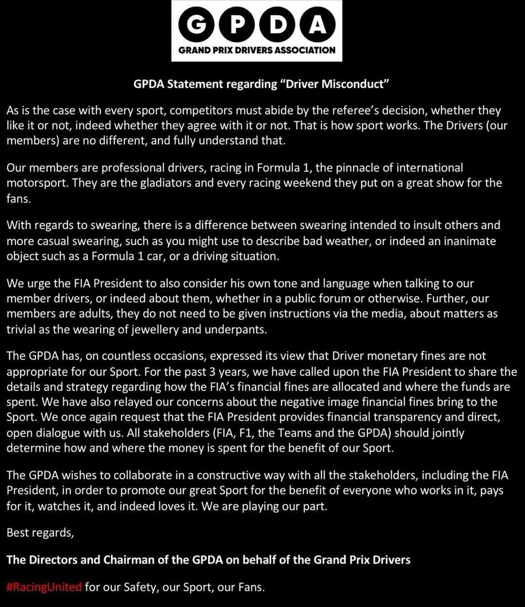 formularacers_'s tweet image. 🚨 | BREAKING: The GPDA release a statement on social media.

"We urge the FIA President to also consider his own tone and language when talking to our member drivers, or indeed about them."