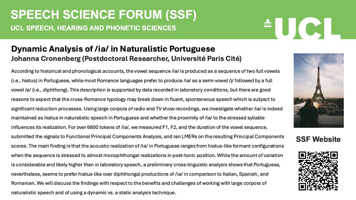 Does Portuguese keep /ia/ real or let it glide like other Romance languages?

Please join us Tomorrow at 3pm BST for  SSF #2 of 24-25!   Dr Johanna Cronenberg will present work on Dynamic Analysis of /ia/ in Naturalistic Portuguese.    We’ll be in Chandler House B01 and on Zoom!