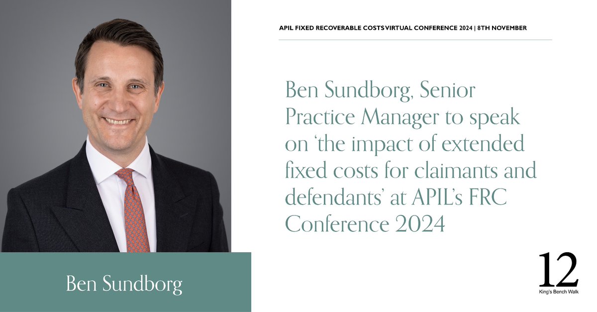 Ben Sundborg, Senior Practice Manager at 12KBW, will be speaking at the Association of Personal Injury Lawyers (<a href="/APIL/">APIL</a>) Fixed Recoverable Costs Virtual Conference on Friday 8th November.
 
Ben will be speaking on ‘the impact of extended fixed costs for claimants and defendants’,