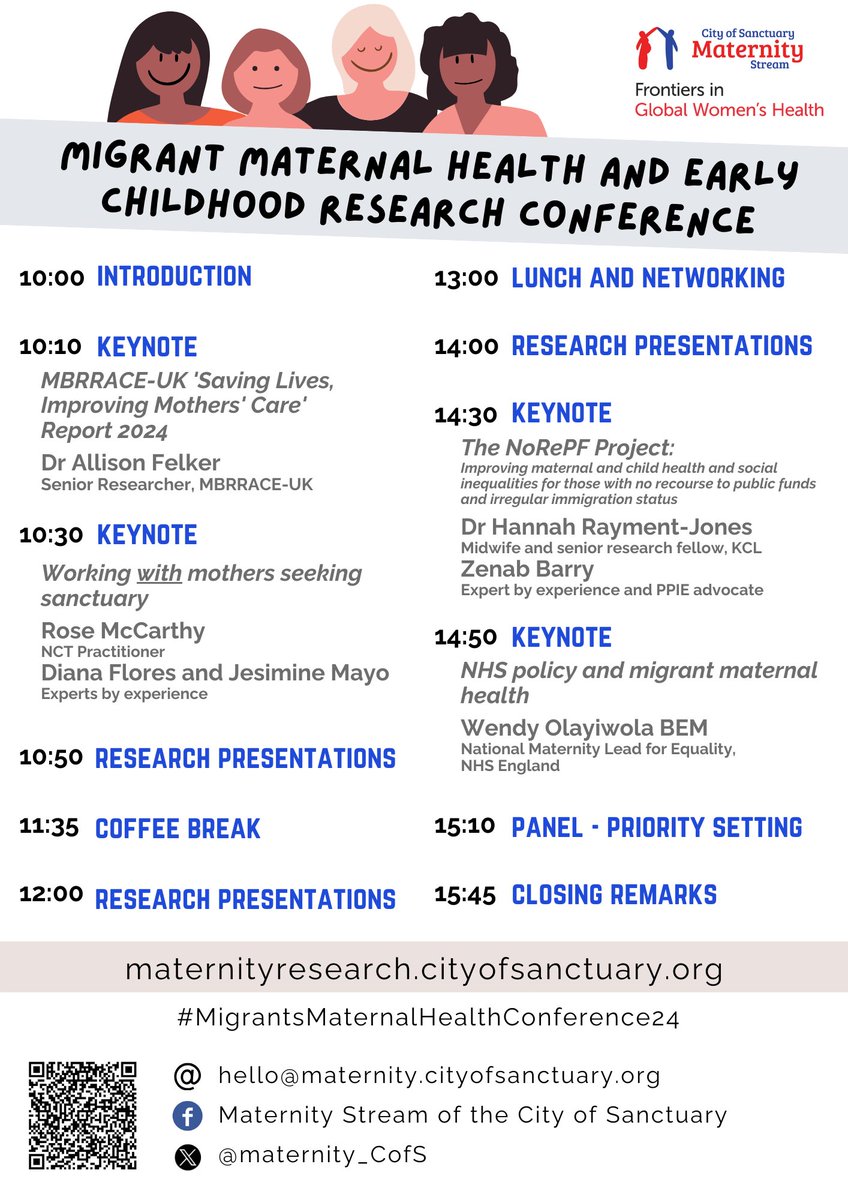 ❗️Last chance to sign up❗️

Join us next Monday 11 Nov in London to meet researchers, experts by experience, and practitioners interested in migrant maternal health at the first #MigrantsMaternalHealthConference24

Grab your tickets now!
👉ticketsource.co.uk/city-of-sanctu…