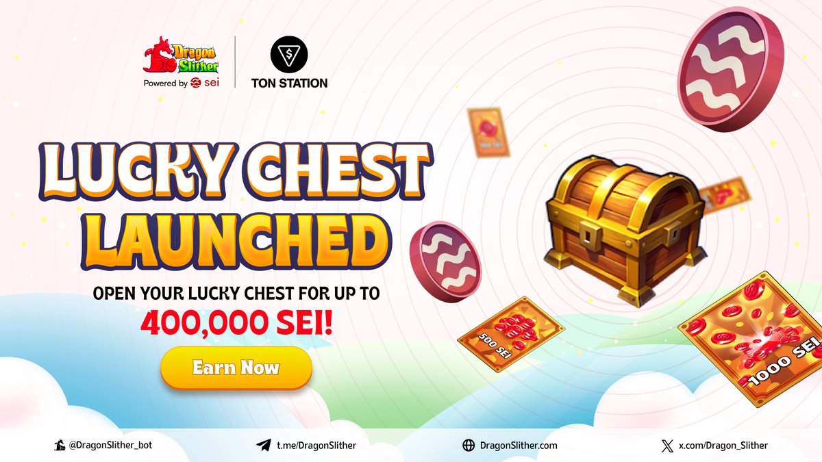 🎁🎁  LUCKY CHEST IS LIVE! 🎁 🎁

🍀 Try your luck to win up to 400,000 $SEI &amp; millions of DRAGONs! 🍀

🎉 Special for TON Station <a href="/tonstationgames/">TON Station</a> users: Get 4 FREE chests to boost your chances! Don’t miss out!

👉 Open now: t.me/DragonSlither_… 🐲🐲

🔥 Join our channels for