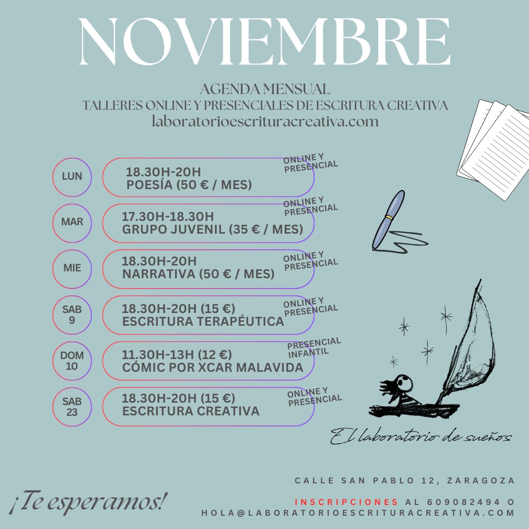 📌 TALLERES DE ESCRITURA CREATIVA
✅ Online o presencial en Zaragoza. 
✅ Grupos semanales de poesía y narrativa cada mes.
✅ Talleres intensivos de escritura terapéutica y escritura creativa. 
✅ Talleres infantiles, juveniles y para público adulto.
✅ Tarifas muy asequibles.