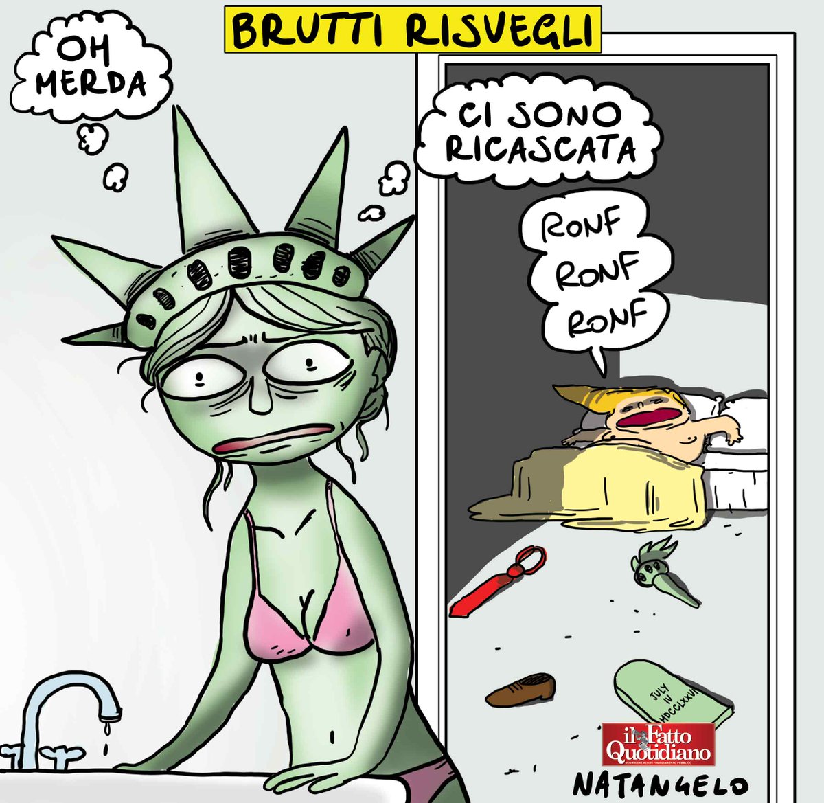 NatangeloM's tweet photo. Brutti risvegli - la mia vignetta per Il Fatto Quotidiano oggi in edicola! 
#harris #trump #usa #elezioniusa #election2024 #electionnight2024 #vignetta #fumetto #memeitaliani #umorismo #satira #humor #natangelo https://t.co/8SORdBtlOA