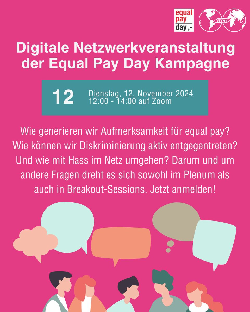 Wollt ihr gemeinsam mit dem BPW Germany und der Equal Pay Day Kampagne den Gender Pay Gap reduzieren? Zur Anmeldung geht es hier: equalpayday.de/anmeldung-zur-…

Wir freuen uns auf euch!🥳

#BPWGermany #EqualPay #EqualPayDay #EPD25 #GenderPayGap