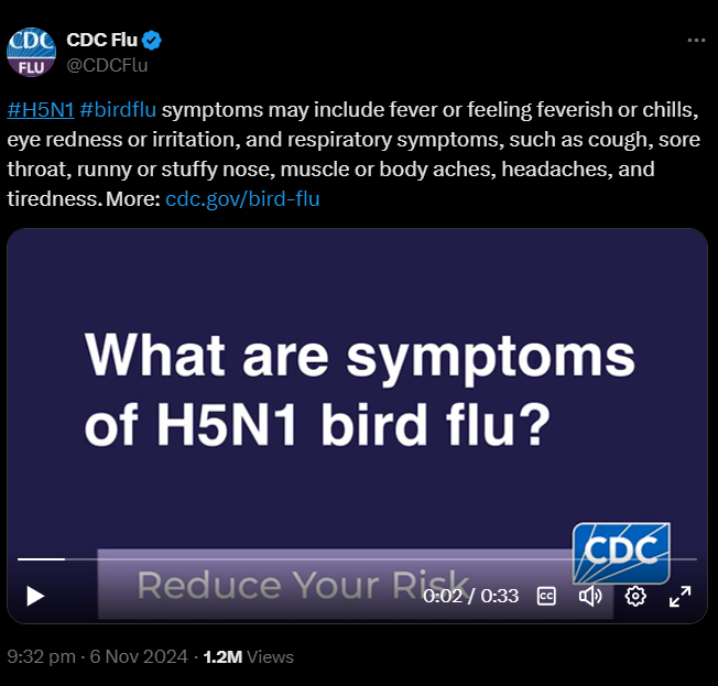 EnemyInAState's tweet photo. The CDC has just released a video informing the public of the symptoms of highly pathogenic novel bird flu - their way of telling us that there's now community spread between humans? As the outbreak continues to intensify as former CDC Director warns outbreak is imminent:
