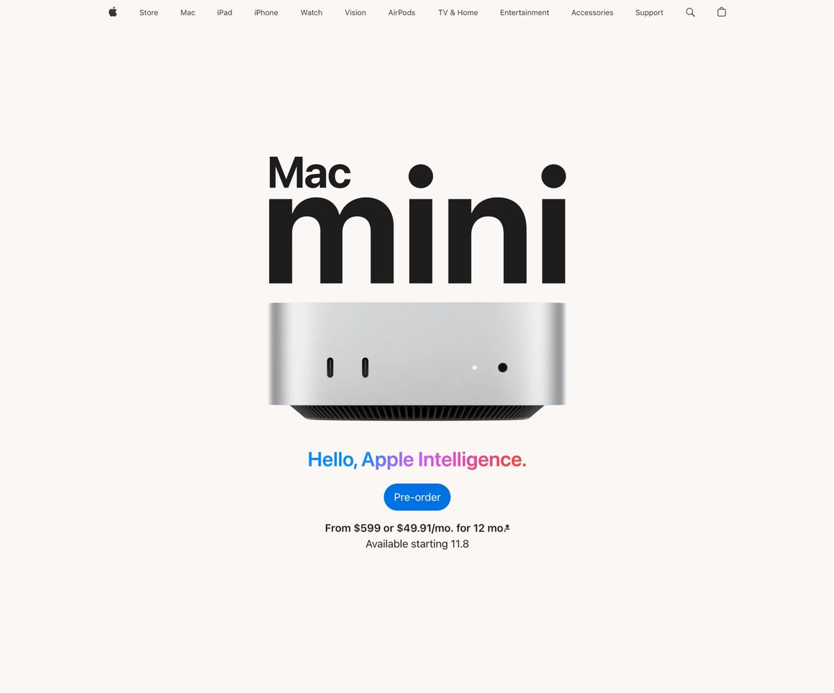 supaheroio's tweet photo. Apple Mac mini hero section

All‑new ultracompact design. Front and back ports. Fits, flexes, and flies in any setup. https://t.co/E3HJNCjewJ