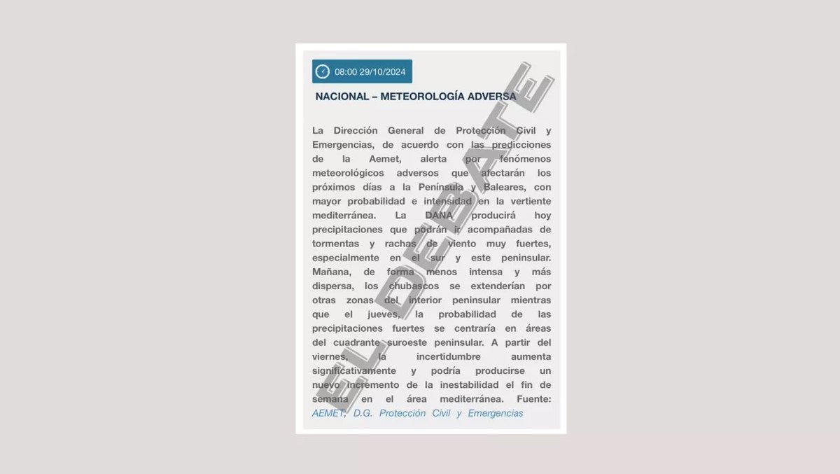 entrammbasaguas's tweet photo. #INVESTIGACIÓN Este es el aviso que Seguridad Nacional mandó a Moncloa antes de que se desbordaran los primeros ríos. La nota, a la que ha tenido acceso El Debate, revela que la alerta se envió 12 horas antes de que se inundaran los municipios valencianos. https://t.co/FA3VuzHgyX https://t.co/6mND8LyCDw