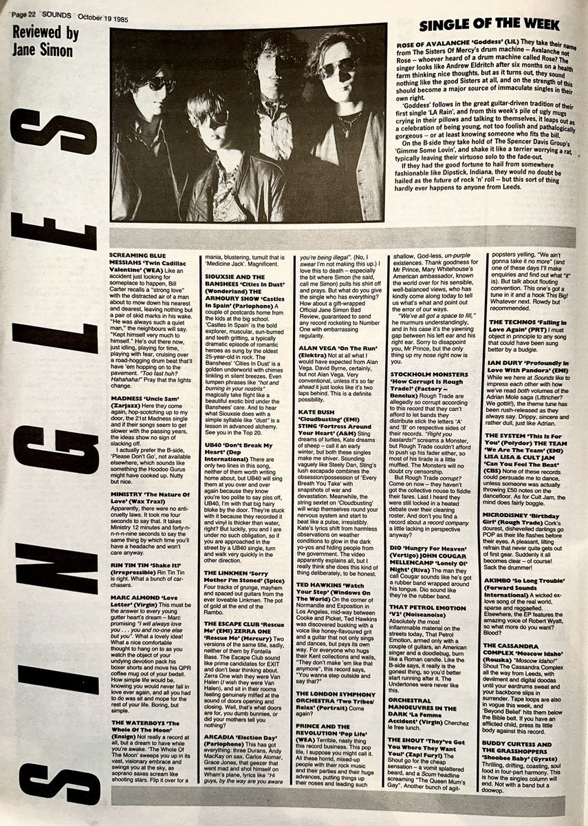 ZoundsAbound's tweet image. Jane Simon reviews the Singles this week, her fave being ‘Goddess’ by #RoseOfAvalanche

Other releases from @MarcAlmond @MadnessNews #ScreamingBlueMessiahs @KateBushMusic @prince @OfficialOMD  @OfficialRJDio @IanDuryOfficial among others

Sounds Oct 19th 1985