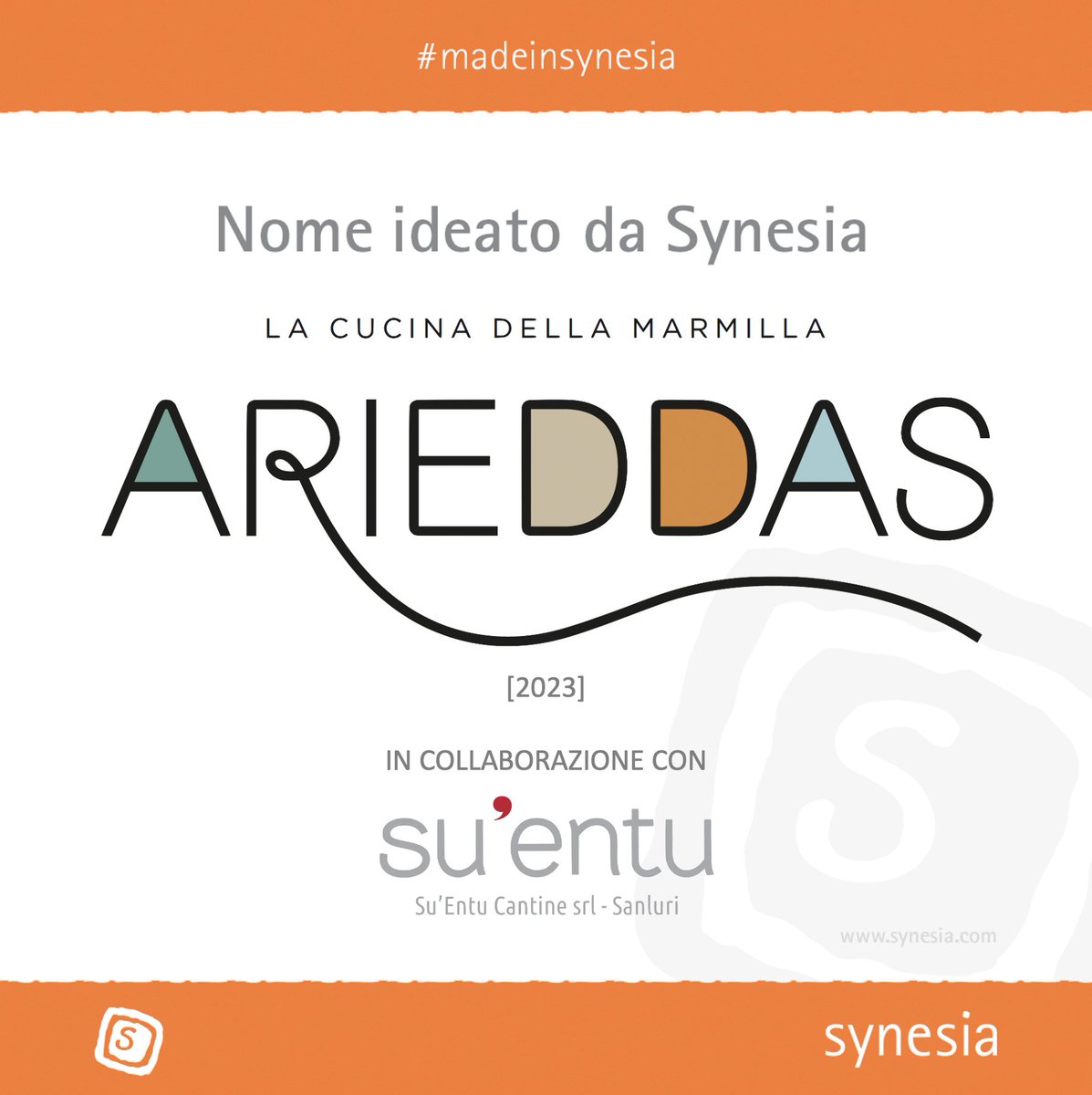 Il nome #madeinsynesia ARIEDDAS è una parola in dialetto sardo campidanese che significa "𝑣𝑒𝑛𝑡𝑖𝑐𝑒𝑙𝑙𝑜". Ha un suono piacevole e identifica il ristorante immerso nei vigneti della Cantina Su’Entu e uno sguardo sulle vigne e i colli che si perde fino al mare
#brandname
