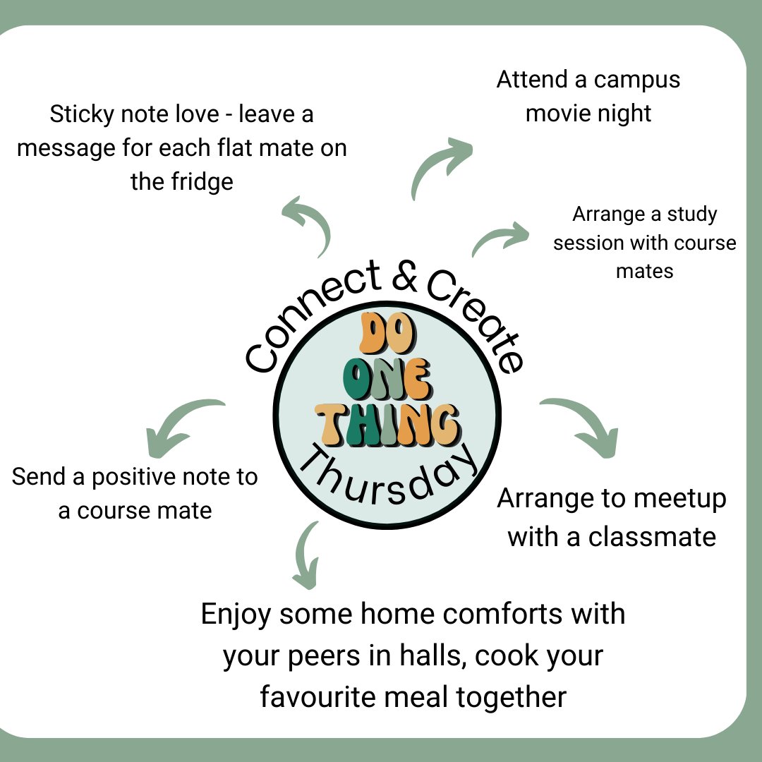 Connect &amp; Create Thursday: Build connections that matter. From study sessions to movie nights, there are lots of ways to meet your peers. Leave a note for your flatmates, grab dinner together, or check out campus events.

#UoCStudentServices #DoOneThing