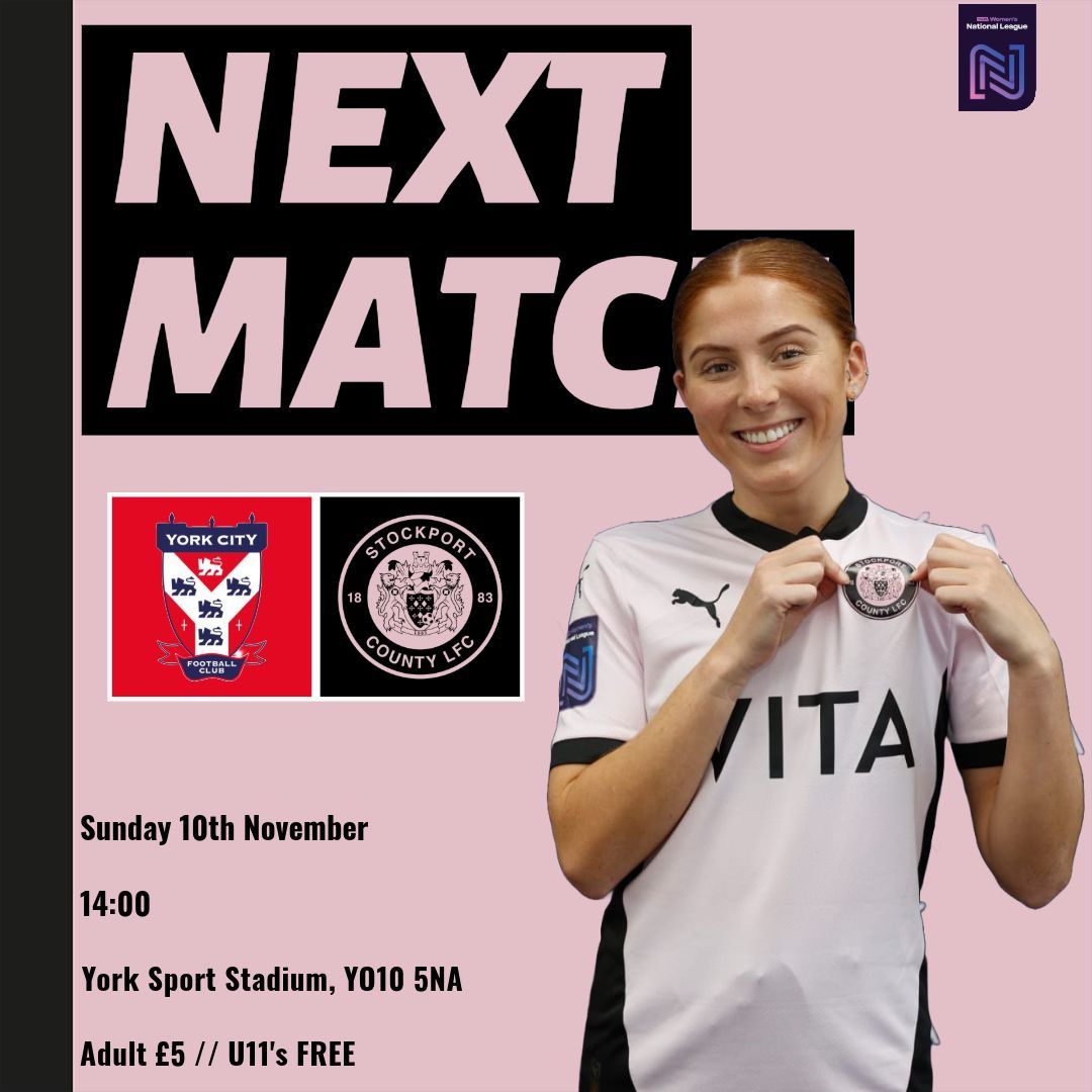 𝙉𝙚𝙭𝙩 𝙐𝙥… 🔜

This Sunday we head North as we take on York City Ladies at York Sport Stadium! 🏟️ 

See you there, County fans 👋

#StockportCounty