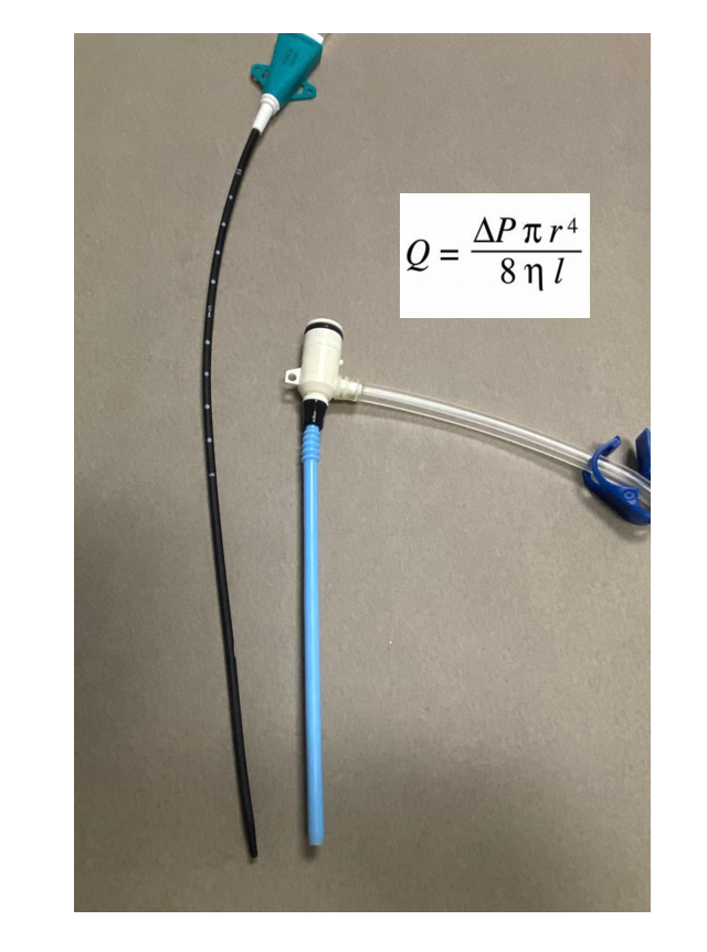 The Cordis infuses *much* faster than a triple lumen CVC for reasons that are predicted by the Poiseuille equation:

- it's wider
- it's shorter
and
- it only has one lumen instead of 3
(remember the '7 Fr' triple lumen catheter is really a compilation of 3 smaller catheters)