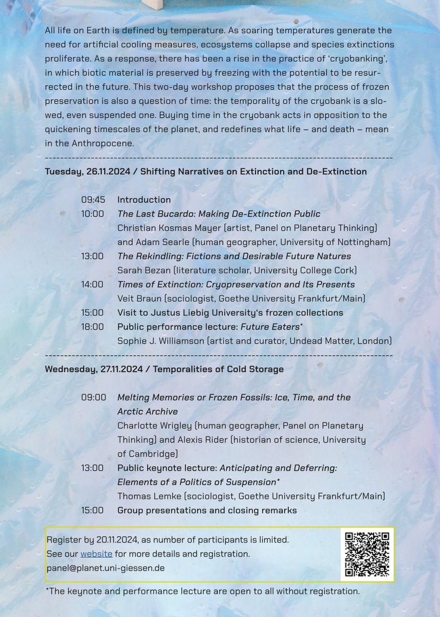 Panel on Planetary Thinking (@planetarypanel) on Twitter photo ❄️💥🦣
Another event organized by our #PlanetaryTimes fellows @Wrigley_CA and Christian Kosmas Mayer in collab. with <a href="/admsrl/">adam searle</a> reflects on #frozen #archives and the controversial method of de-#extinction. Find out more and register by Nov 20 -> uni-giessen.de/FrozeninTime #jlugiessen ❄️💥🦣
Another event organized by our #PlanetaryTimes fellows @Wrigley_CA and Christian Kosmas Mayer in collab. with <a href="/admsrl/">adam searle</a> reflects on #frozen #archives and the controversial method of de-#extinction. Find out more and register by Nov 20 -> uni-giessen.de/FrozeninTime #jlugiessen