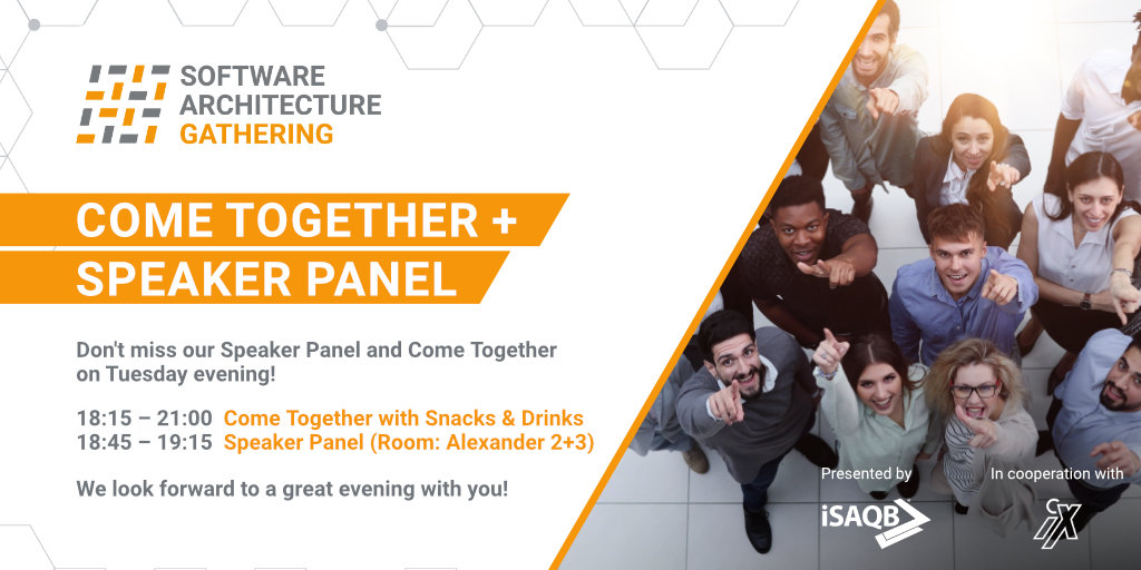The first evening of the main conference will be fun! Join us for the Come Together and Speaker Panel starting at 6:15 PM! 😀 

#SAG2024 #SAGconf #iSAQB #conference #softwarearchitecture #softwarearchitectureconference #speakerpanel #cometogether