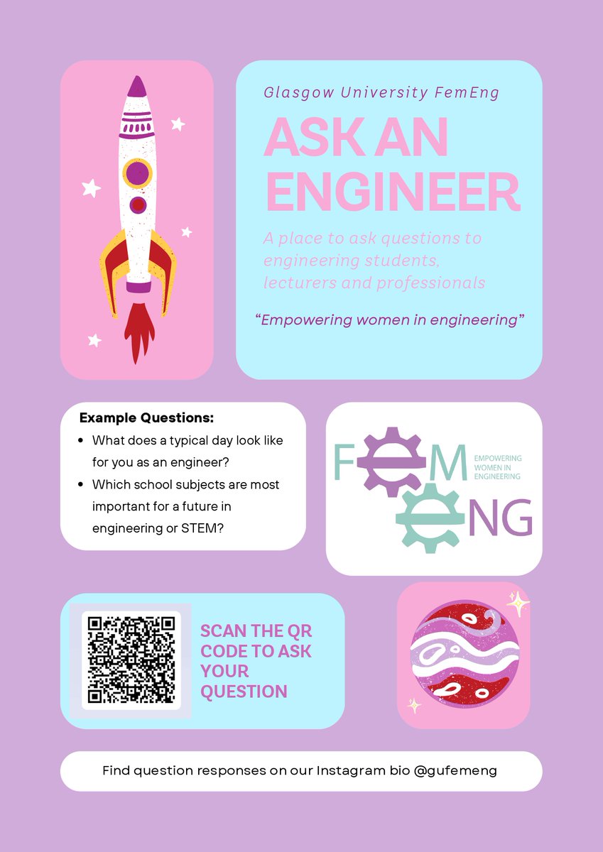 How to Get Involved:
1) Fill out  forms.gle/UnHzX45wXuZ4dB…  to confirm your schools involvement.
2|)Share the "Ask an Engineer" poster (attached) in your schools and on your school’s Social Media accounts. Tag us in your post: <a href="/UofGfemeng/">UofG FemEng</a> on Twitter or @gufemeng on Instagram.