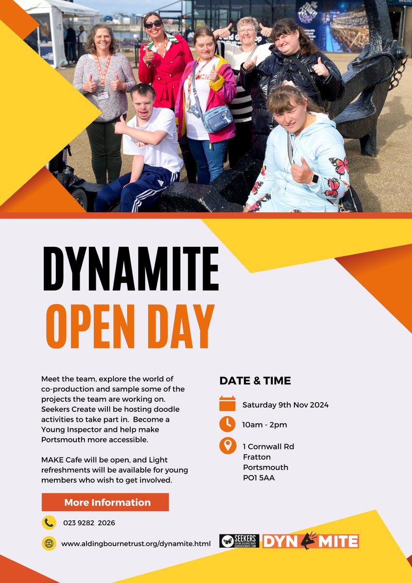SendLocal's tweet image. Do you know anyone 14-25 years old with SEND? If so please share details of the Dynamite Portsmouth Open Day on Sat 9 Nov. 10-2pm at Make in Fratton. They are looking forward to welcoming lots of new faces to their group who have fun and have their say!