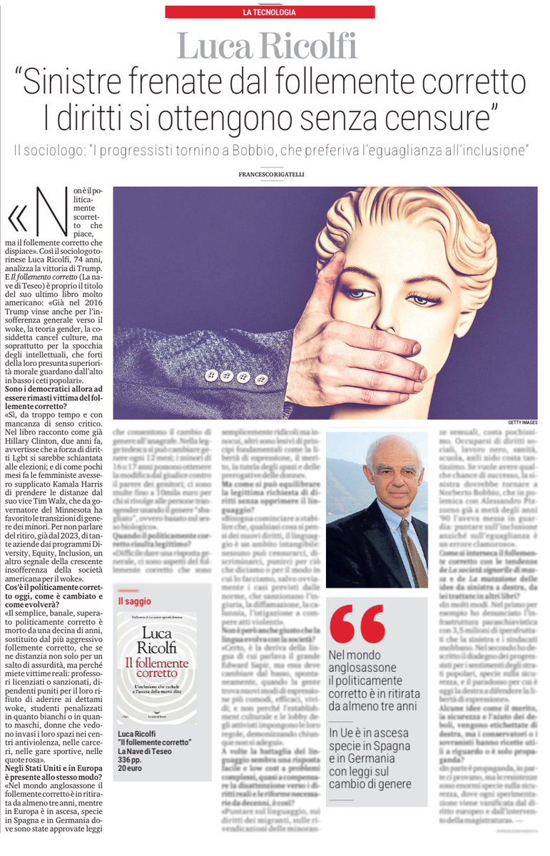 lanavediteseoed's tweet photo. “Già nel 2016 Trump vinse anche per l'insofferenza generale verso il woke, la teoria gender, la cosiddetta cancel culture, la spocchia degli intellettuali”: @ricolfi_luca analizza la vittoria di Trump, già prevista nel suo libro “Il follemente corretto”, in cui il sociologo descrive l’evoluzione del politicamente corretto e le sue conseguenze. 

L’intervista di @rigatells su @LaStampa