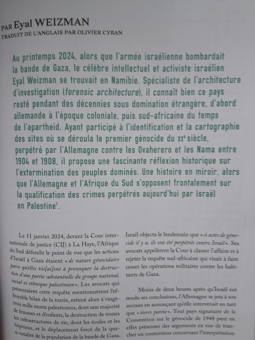 Heureux d'avoir traduit cet extraordinaire article d'Eyal Weizman pour <a href="/LaRevueduCrieur/">La Revue du Crieur</a>. Sur les correspondances historiques souterraines entre trois génocides, dont deux perpétrés par l'Allemagne et le troisième soutenu par elle : Namibie, Shoah et Palestine. Sortie 14 novembre.