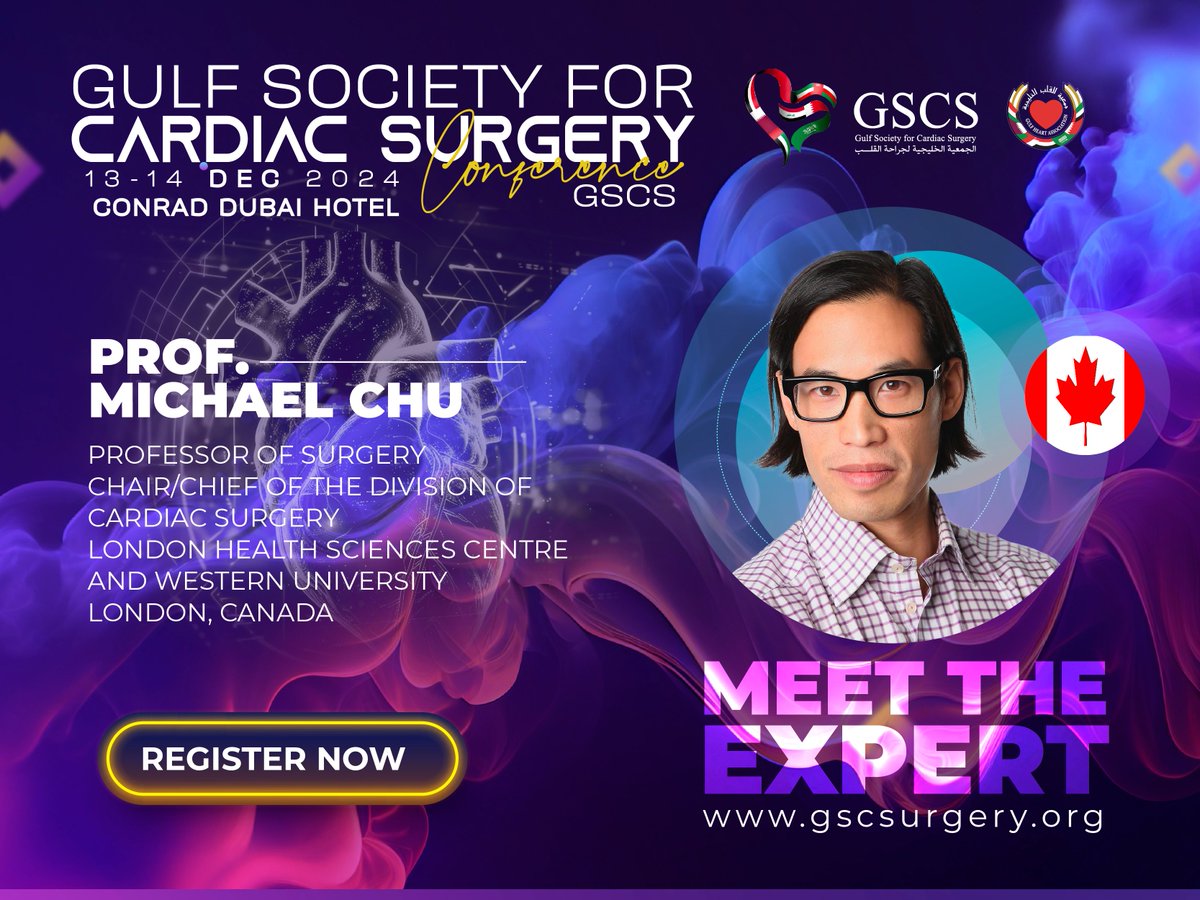 Join us at #GSCS2024 to hear from Prof. Michael Chu he is a top leader in cardiac surgery from Canada! As Chair of the Division of Cardiac Surgery at London Health Sciences Centre and Western University.  
Reg: gscsurgery.org/registration/ 
#CardiacSurgery #CardiothoracicSurgery