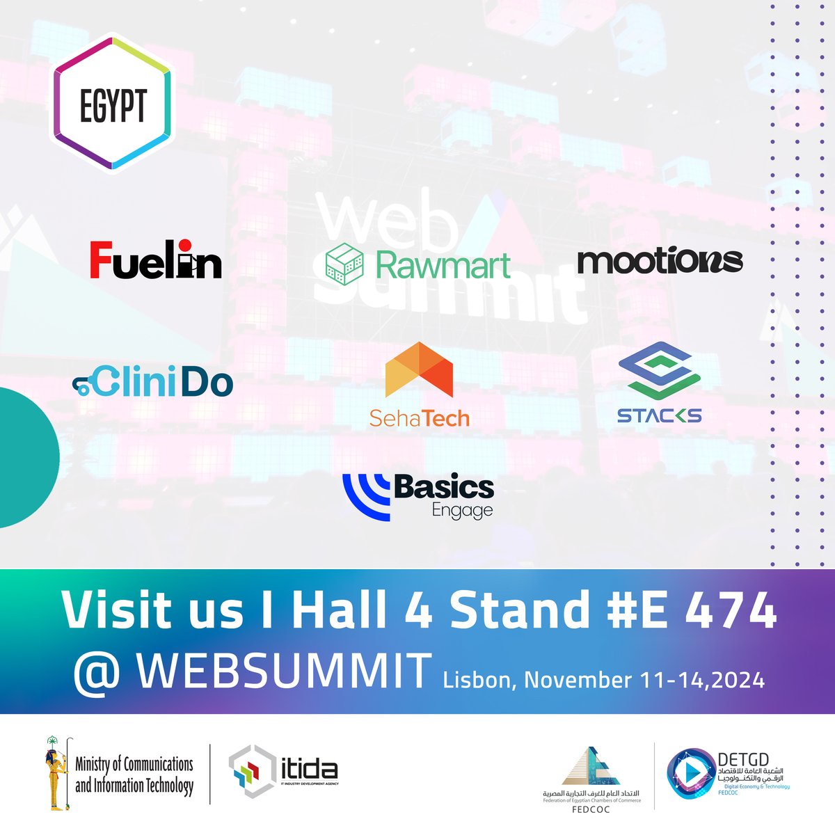 ITIDA's tweet image. 🇪🇬 Day 3 at Web Summit 2024

ITIDA &amp;amp; DETGD continue showcasing Egypt’s innovative startups! On Nov 14th:

• Fuelin, Rawmart, Mootions, CliniDo, SehaTech, Stacks, Basics Engage

📍 Visit us at Hall 4, Stand #E 474!

🔗 Learn more: itida.gov.eg/English/MediaC…

#JustInTimeForEgypt