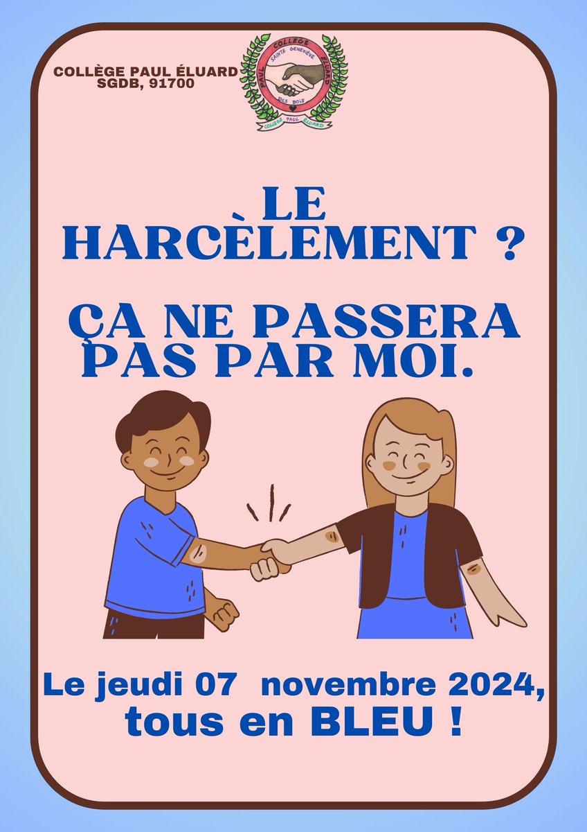 @clgPEluard2SGDB (@clgpeluard2sgdb) on Twitter photo Nos 12 ambassadeurs contre le harcèlement ,organisent aujourd'hui, jeudi 07 novembre, la journée nationale #NAH <a href="/acversailles/">Académie de Versailles</a> <a href="/L_C_H_S_/">🚫 Harcèlement Scolaire 🇫🇷</a> Nos 12 ambassadeurs contre le harcèlement ,organisent aujourd'hui, jeudi 07 novembre, la journée nationale #NAH <a href="/acversailles/">Académie de Versailles</a> <a href="/L_C_H_S_/">🚫 Harcèlement Scolaire 🇫🇷</a>