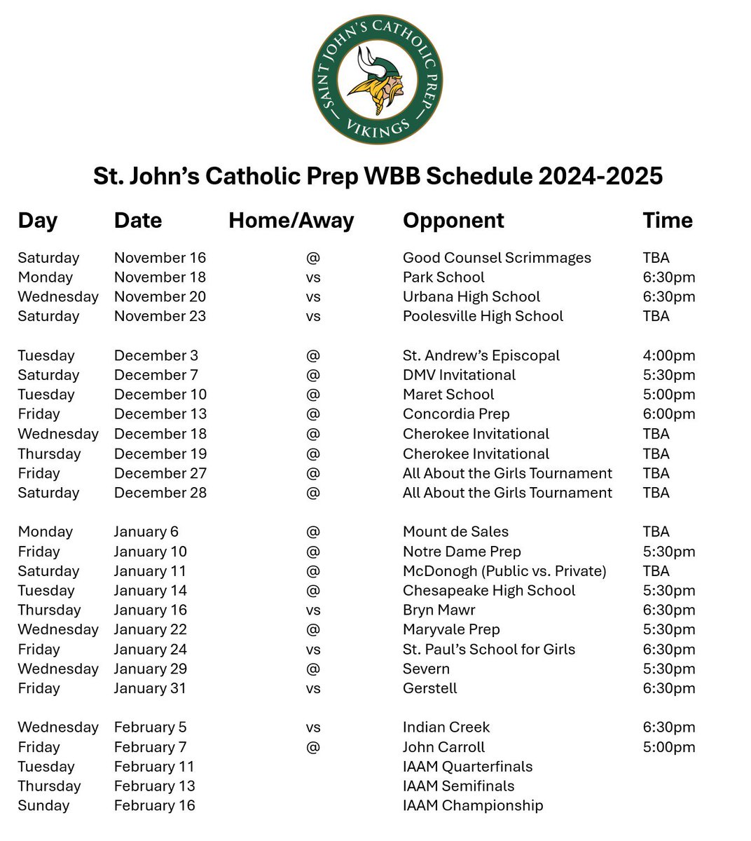 🚨2024-2025 GBB SJCP Schedule🚨

Scrimmages start next week 
(11/16)super Scrimmage (11/18) Park School (11/20) Urbana H.S

Mark your 🗓️ it’s going to be a fun season!! 🏀⛹️‍♀️
#Vikings 
#CLIMB 🧗‍♀️
#KeepClimbing 📈
#girlsbasketball🏀 
#ironsharpensiron⚔️ 
#Together