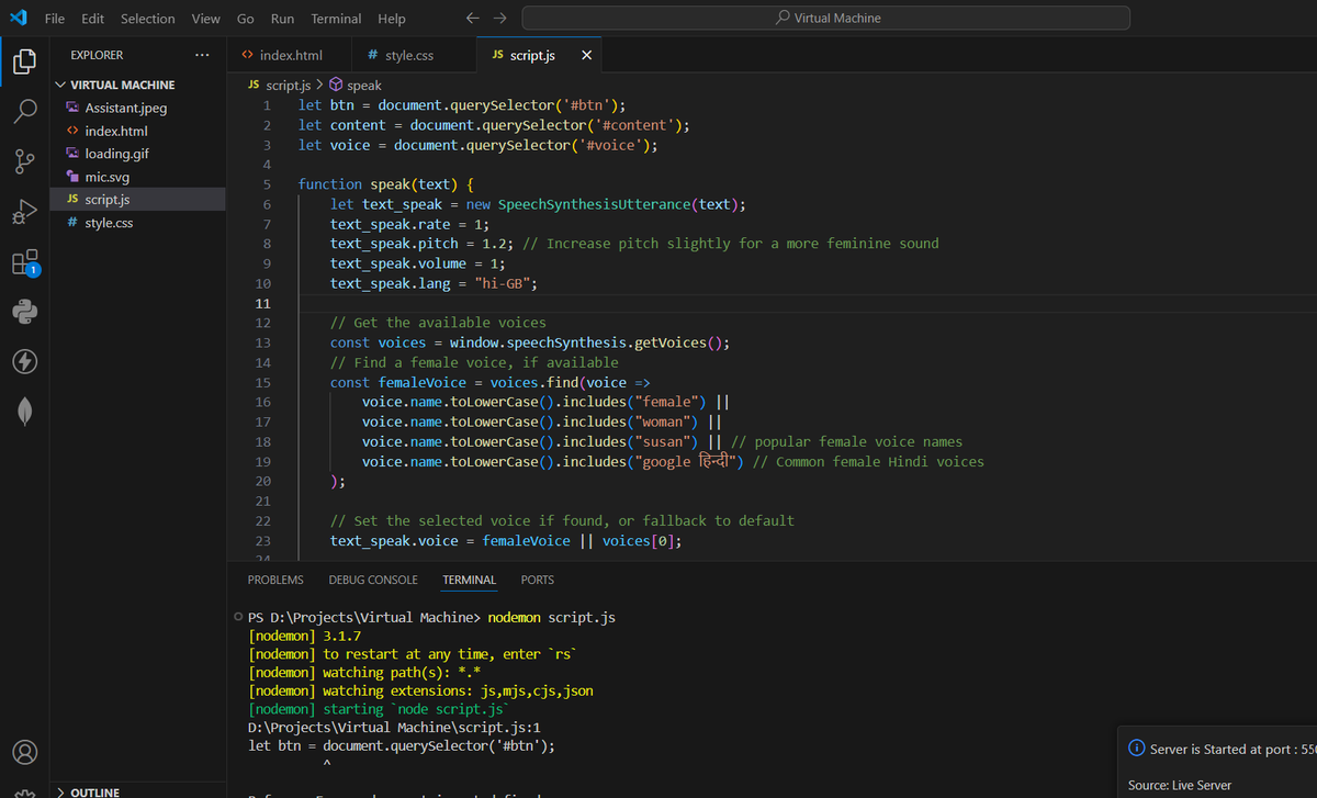 🤖 Working on my virtual assistant project – it’s not perfect yet, but I’m having fun improving it step by step! Made with HTML, CSS, and JavaScript. Let me know if you have any cool ideas! #CodingJourney #JavaScript #WebDevelopment