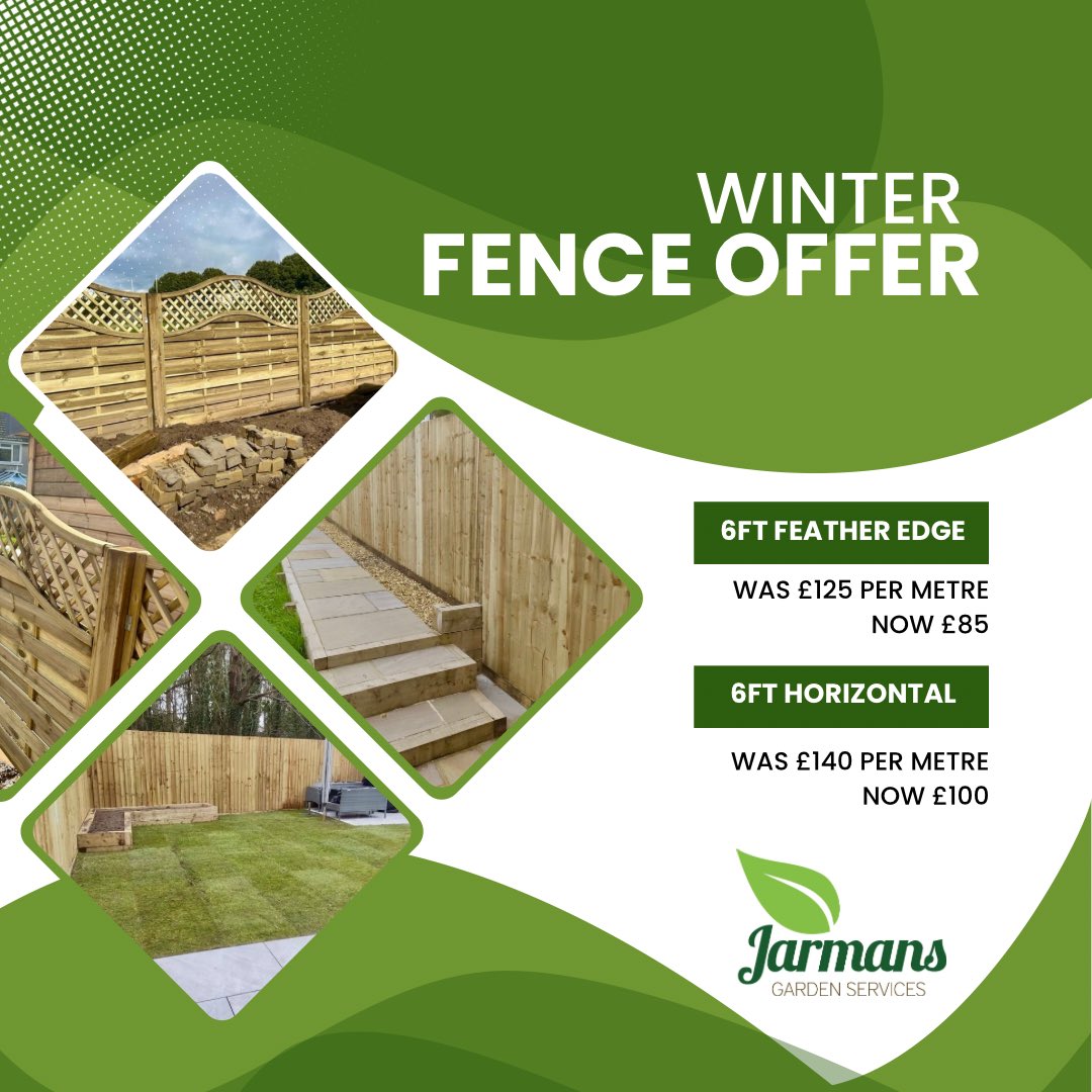 🌟 Winter Fencing Offer! 🌟

🔨 6ft Feather Edge Fence
Was: £125 per metre
Now: £85 per metre

🔨 6ft Horizontal Timber Fence
Was: £140 per metre
Now: £100 per metre

✅ Limited time only! Don’t miss out – get in touch today to book your slot.

#JarmansGardenServices #WinterFence