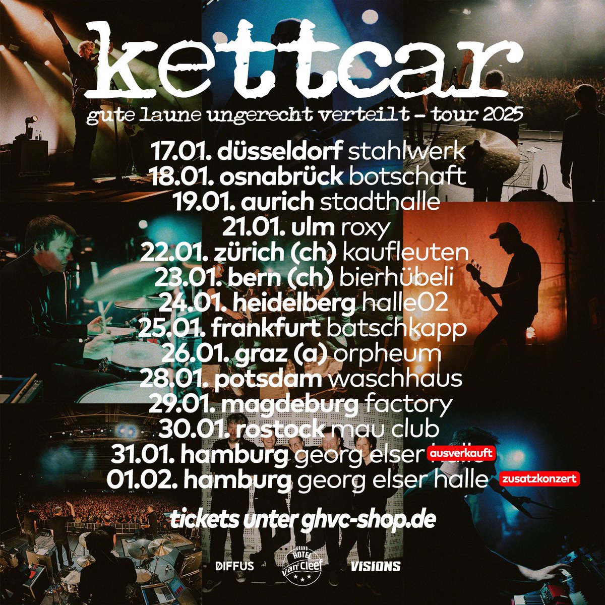 Hamburg, alte Lady. Das Konzert am 31.01.2025 ist ausverkauft.
Also freuen wir uns, Euch mitteilen zu dürfen, dass wir die Tour in den Februar verlängern und am 01.02.2025 eine Zusatzshow ebenfalls in der Georg Elser Halle spielen. Tickets ab jetzt unter ghvc-shop.de