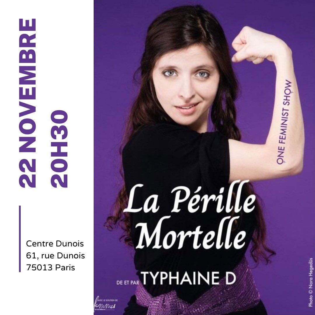 Femmixité (@femmixitefest) on Twitter photo 🟣 LA PÉRILLE MORTELLE
Une One Feminist Show décapante !
Embarquez pour un voyage dans une monde dirigée par les Clitocrates, quand, en française, la féminine l'emporte sur la masculine. <a href="/TyphaineD_/">Typhaine D</a>
📍22 novembre au Centre Dunois
👉🏻Billetterie : t.ly/xGmZE 🟣 LA PÉRILLE MORTELLE
Une One Feminist Show décapante !
Embarquez pour un voyage dans une monde dirigée par les Clitocrates, quand, en française, la féminine l'emporte sur la masculine. <a href="/TyphaineD_/">Typhaine D</a>
📍22 novembre au Centre Dunois
👉🏻Billetterie : t.ly/xGmZE