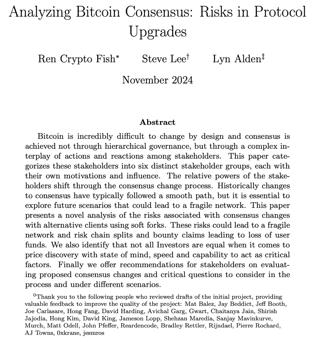 0xren_cf's tweet image. Bitcoin is bigger than ever but harder to change than ever.
How Bitcoin changes matters, this paper presents novel analysis of consensus changes with alternative clients risking chain splits and loss of user funds.
Ball up top, protect the rock.