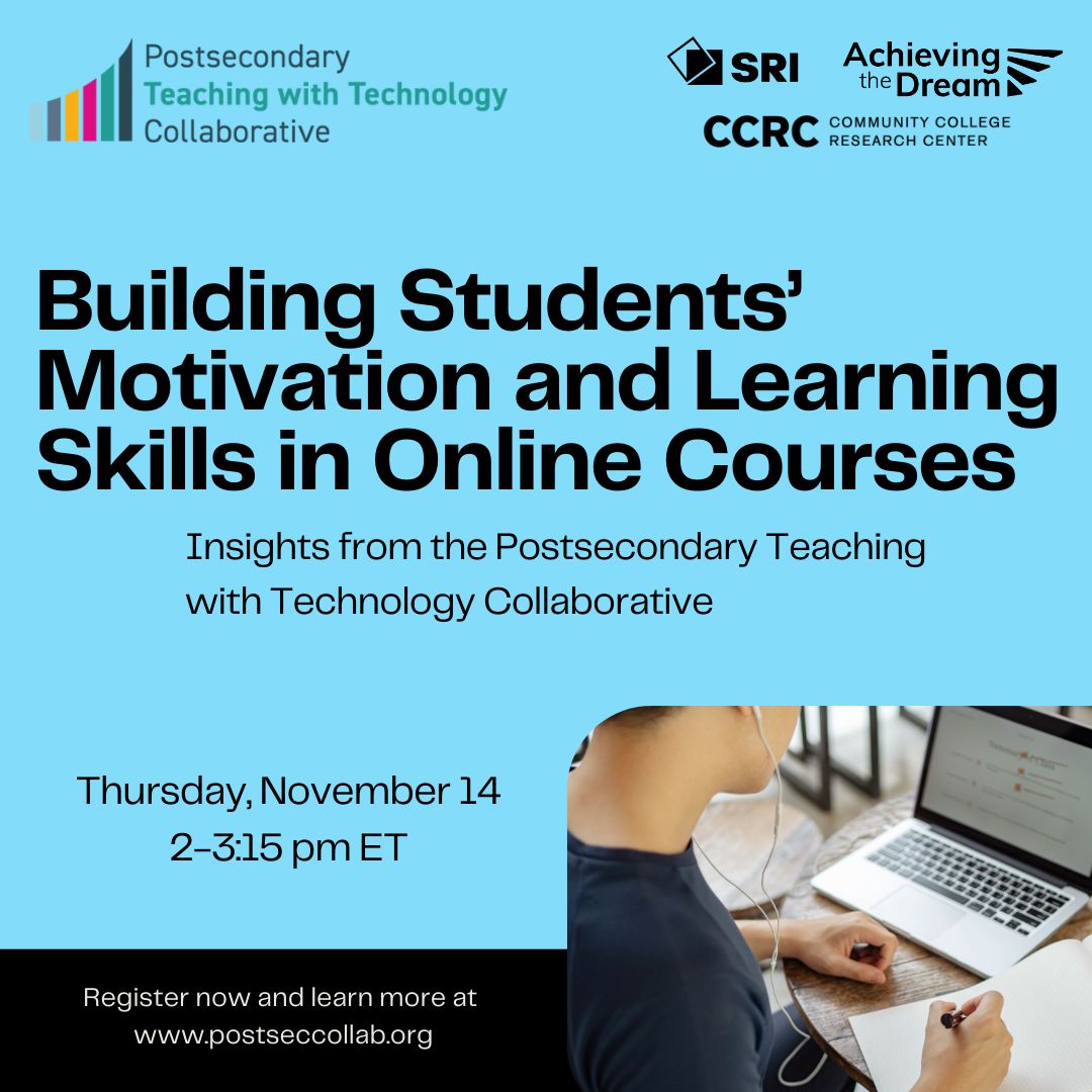 SRI_Education (@sri_education) on Twitter photo #ICYMI! Join <a href="/PostsecCollab/">PostsecCollab</a> on Thurs., 11/14, from 2-3:15 PM for the webinar for āBuilding Studentsā Motivation & Learning Skills in Online Coursesā! Hear insights from SRI EDU, <a href="/TeachersCollege/">Teachers College, Columbia University</a>/<a href="/CommunityCCRC/">CCRC</a>, <a href="/waketechcc/">Wake Tech</a> + <a href="/AchieveTheDream/">Achieving the Dream</a>!
Register: bit.ly/40nFvmT #ICYMI! Join <a href="/PostsecCollab/">PostsecCollab</a> on Thurs., 11/14, from 2-3:15 PM for the webinar for āBuilding Studentsā Motivation & Learning Skills in Online Coursesā! Hear insights from SRI EDU, <a href="/TeachersCollege/">Teachers College, Columbia University</a>/<a href="/CommunityCCRC/">CCRC</a>, <a href="/waketechcc/">Wake Tech</a> + <a href="/AchieveTheDream/">Achieving the Dream</a>!
Register: bit.ly/40nFvmT