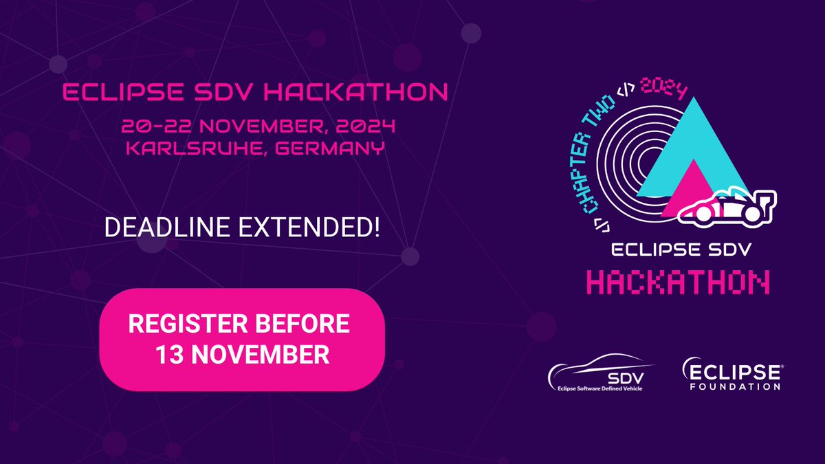 Exciting news - we've extended the deadline to register for the #SDVHackathon24, hosted by <a href="/Harman/">HARMAN</a>. 

Register by Wednesday 13 November to attend the Hackathon, taking place from 20-22 November 2024 at the ICF Eventhall in Karlsruhe, Germany. 

hubs.la/Q02Xm-mK0