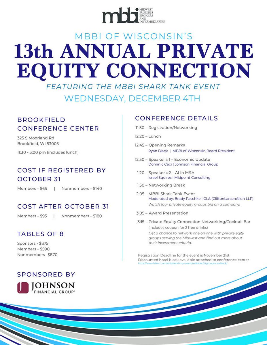MBBI WI's 13th Annual Private Equity Connection is just around the corner. Grab your spot for this December 4th event in Brookfield, WI! tinyurl.com/57jmrntm

#PrivateEquity #MandA #BusinessBrokers