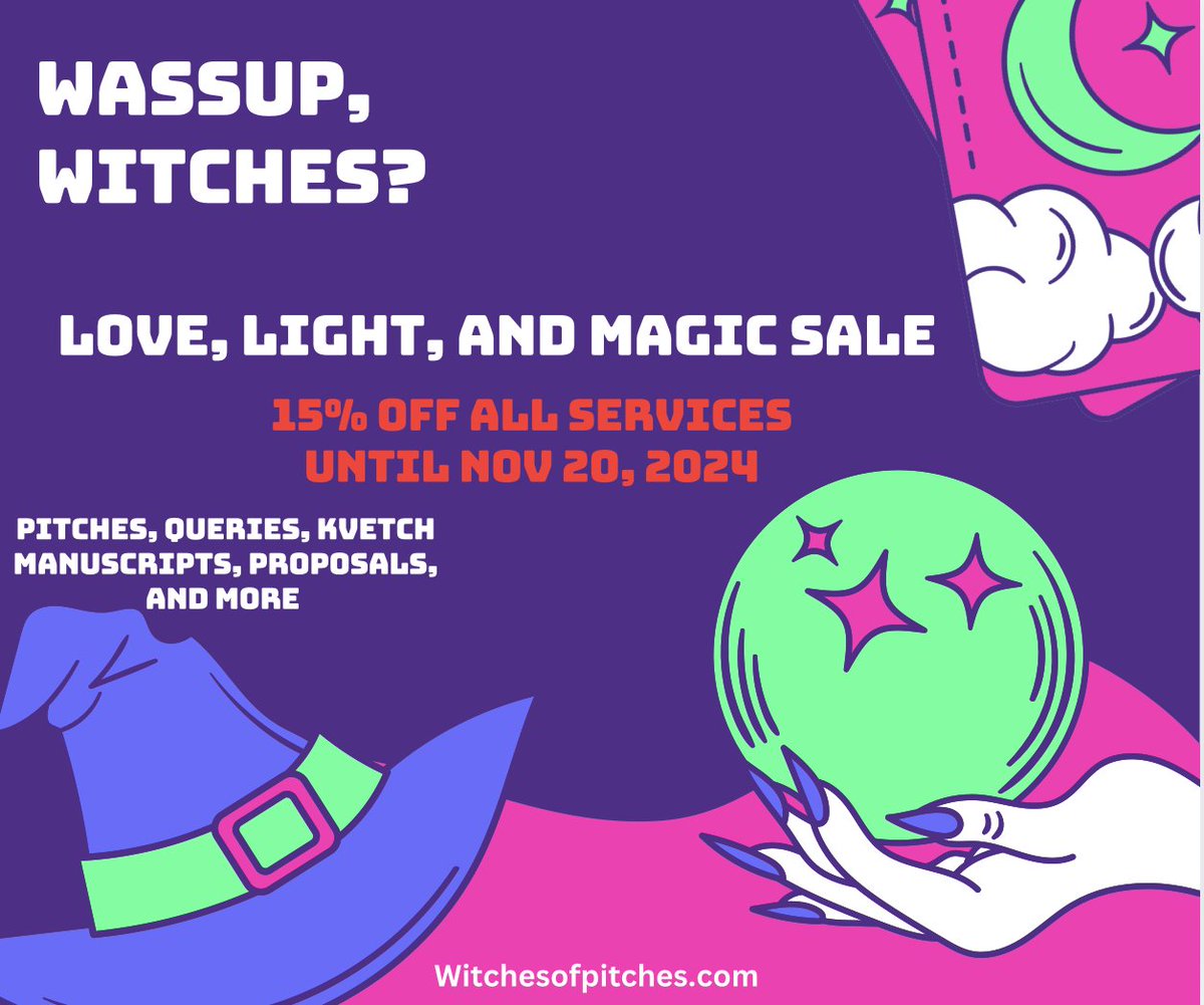 AileenWeintraub's tweet photo. To all the creatives that are having feelings today, we see you and hear you and we want to offer support as you get back to writing. The Witches of Pitches are offering 15% off all services til Nov. 20. Check out our offerings. Now is the time to make art. https://t.co/NddnduMbmv