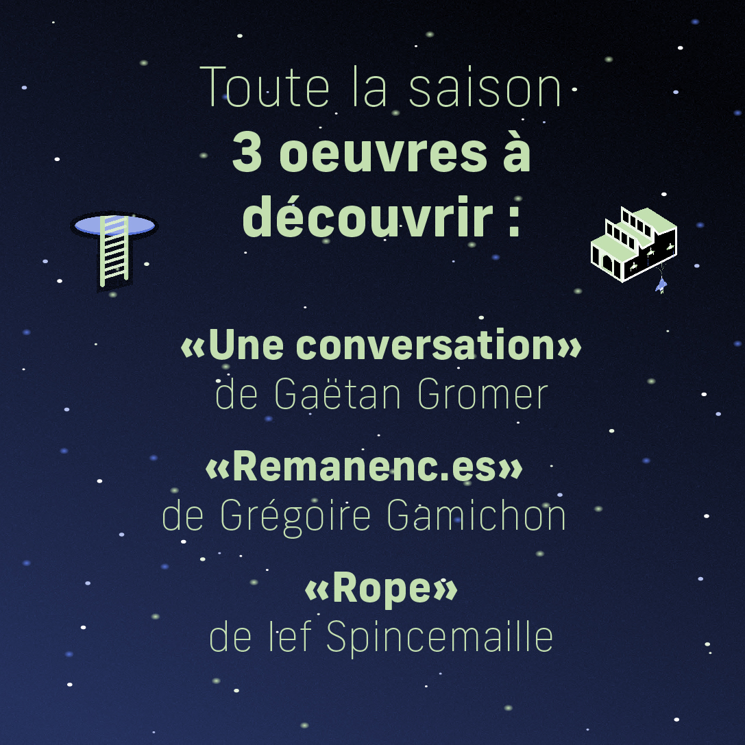 Découvrez 3 œuvres à Saint-Ex :

✅ "Une Conversation" de Gaëtan Gromer
✅ "Remanenc.es" de Grégoire Gamichon
✅ "Rope" de Ief Spincemaille

➡️ Elles sont en libre accès mais vous pouvez nous contacter pour plus de détails :
charlotte.deletang@saintex-reims.com