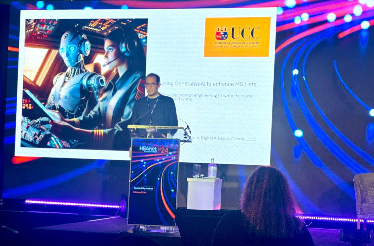 UCCITServices's tweet image. @UCCITServices Rory O’Toole on the main stage @HEAnet conference talking about using GenertiveAI - great talk Rory 👏🏻 #HEAnet2024
