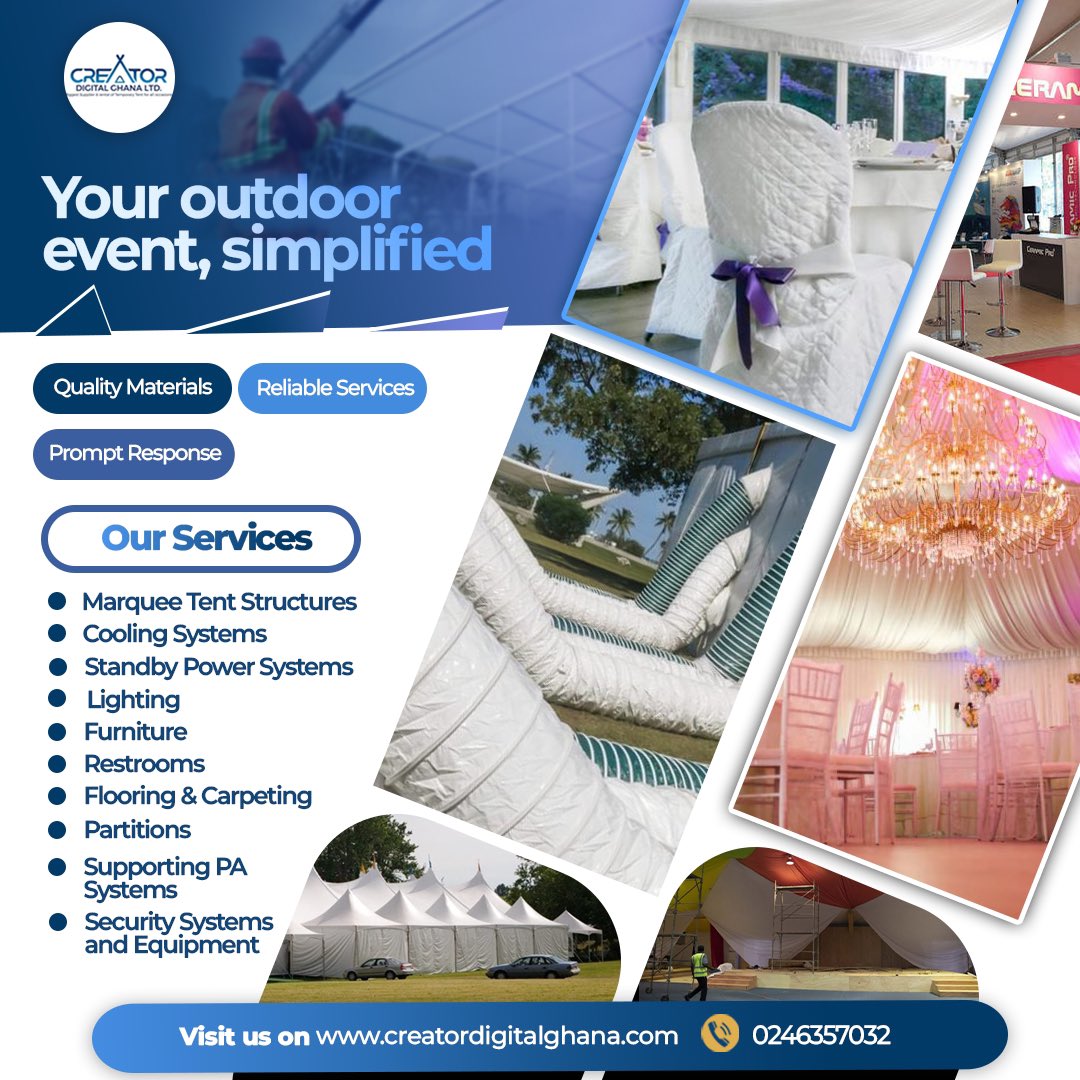 GhCreator's tweet photo. Planning an outdoor event? We've got you covered—literally! From sturdy tents to essential event logistics, we're here to make your day stress-free and unforgettable. Let's set the stage for your perfect event!
Call us on +233246357032 or visit
https://t.co/4dKi2oYaoN.
#Tents https://t.co/THqNvhJ6o6