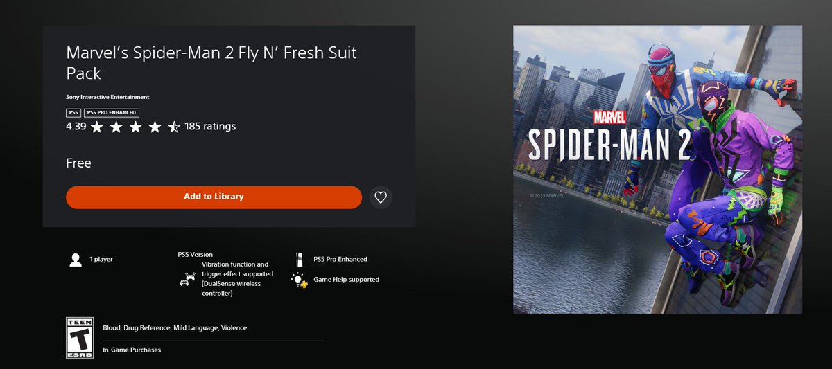 Wario64's tweet photo. Marvel’s Spider-Man 2 Fly N’ Fresh Suit Pack now free on US PSN https://t.co/BeX8uYk0zZ https://t.co/ywzCkALP2x