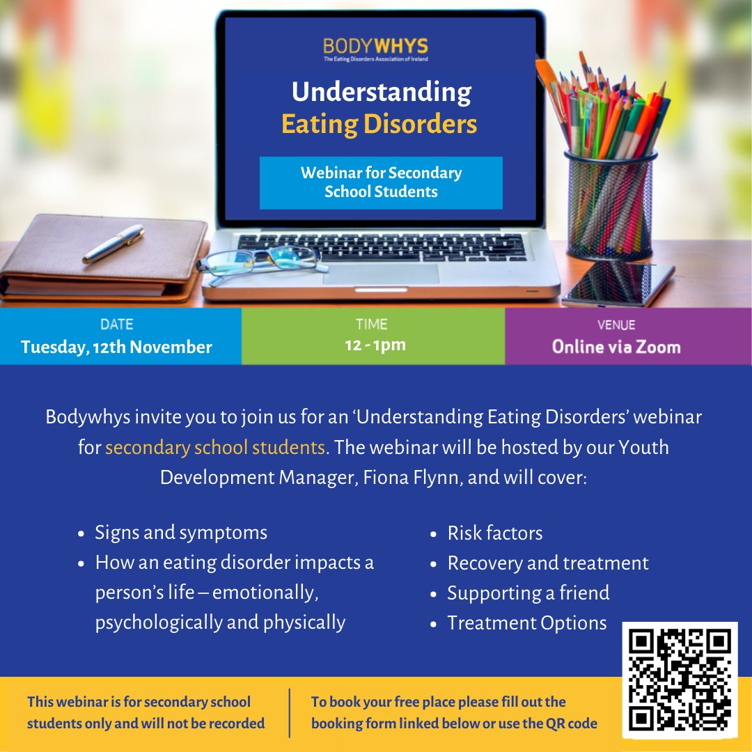 Bodywhys (@bodywhys) on Twitter photo 💻Bodywhys invite you to join us for an ‘Understanding Eating Disorders’ webinar for secondary school students on Tues 12th Nov, from 12 - 1pm via zoom.
This webinar is for secondary school students.
To book your free place, fill out the booking form: forms.office.com/e/HNJC6THV06 💻Bodywhys invite you to join us for an ‘Understanding Eating Disorders’ webinar for secondary school students on Tues 12th Nov, from 12 - 1pm via zoom.
This webinar is for secondary school students.
To book your free place, fill out the booking form: forms.office.com/e/HNJC6THV06