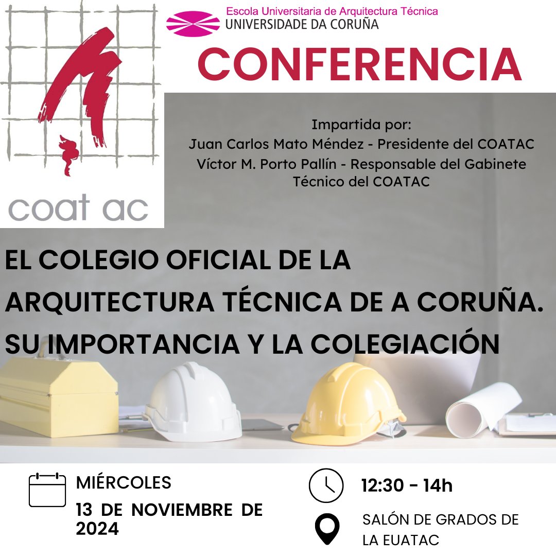 El miércoles 13 de noviembre, nos visitará el Presidente del Colegio Oficial de la Arquitectura Técnica de A Coruña, Carlos Mato, y el responsable de su Gabinete Técnico, Víctor Porto, y nos hablarán sobre la colegiación y su importancia. ¡Muchas gracias por la futura visita!