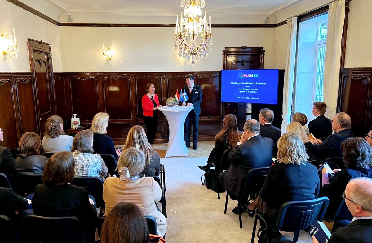AmbAdrienMuller's tweet photo. Excellent EU HoMs meeting w/ H. E. Andreas Norlen @andreasostgote Speaker 🇸🇪 Parliament under the #HU24EU at the Embassy of Hungary . It is always a pleasure and honor to listen to the Speaker and learn his views about Sweden's current state of play and priorities. https://t.co/WMcknWT71q
