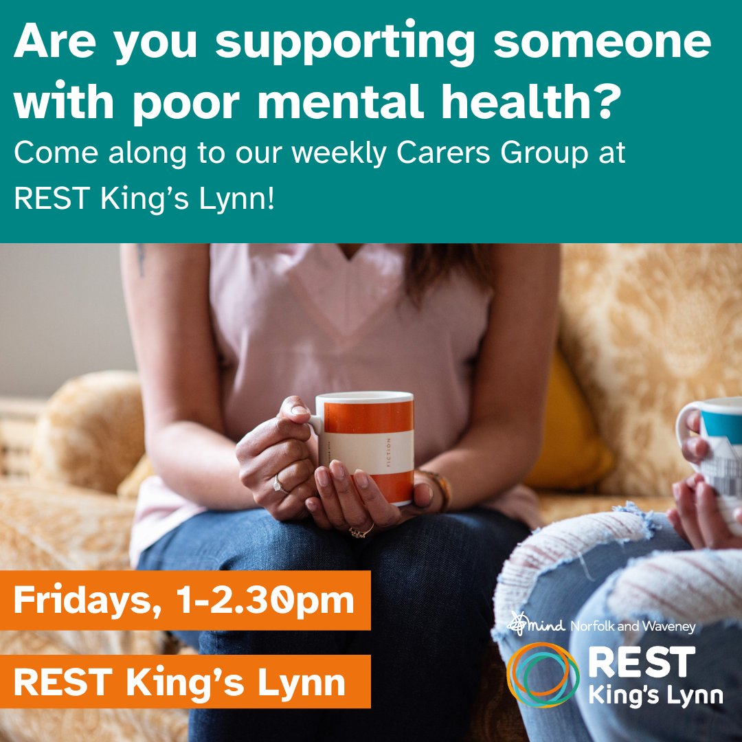 Are you supporting someone with poor mental health? Come along to our weekly Carers Group at REST King’s Lynn.

An opportunity to meet with other carers and share advice and support over hot drinks and biscuits.

🕐Fridays, 1 - 2.30pm
📍 56 High St, King’s Lynn, PE30 1AY