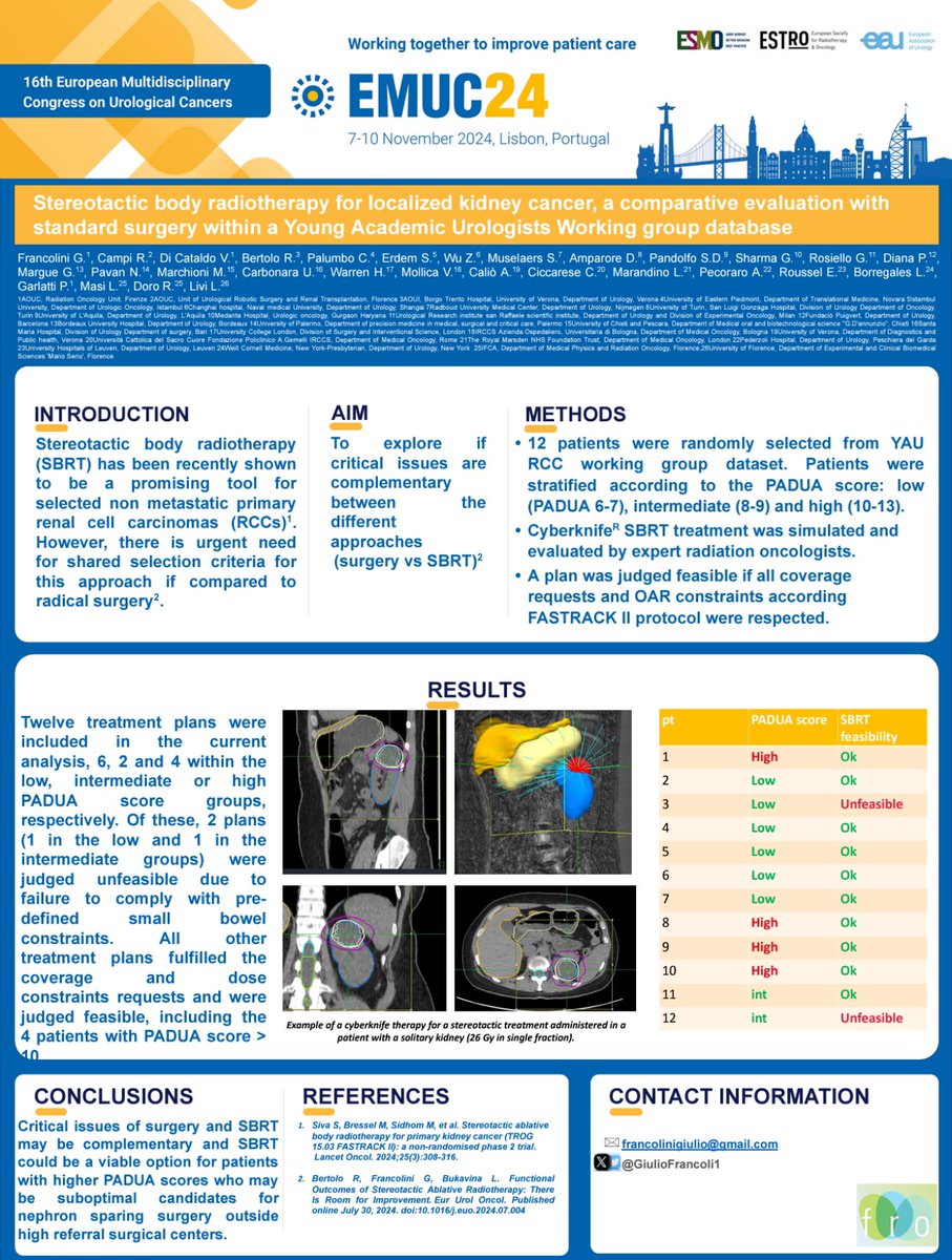 EAU-YAU Renal Cancer Working Group (@eauyau_renalca) on Twitter photo YAU RCC poster at #EMUC24!
👤 Presenter: <a href="/GiulioFrancoli1/">Giulio Francolini</a>
📝 Title: “#Stereotactic Body #Radiotherapy for #Localized #Kidney #Cancer: A Comparative Evaluation with Standard Surgery within a Young Academic Urologists Working Group Database”
<a href="/Uroweb/">European Association of Urology (EAU)</a> <a href="/ESTRO_RT/">ESTRO</a> <a href="/myESMO/">ESMO - Eur. Oncology</a> YAU RCC poster at #EMUC24!
👤 Presenter: <a href="/GiulioFrancoli1/">Giulio Francolini</a>
📝 Title: “#Stereotactic Body #Radiotherapy for #Localized #Kidney #Cancer: A Comparative Evaluation with Standard Surgery within a Young Academic Urologists Working Group Database”
<a href="/Uroweb/">European Association of Urology (EAU)</a> <a href="/ESTRO_RT/">ESTRO</a> <a href="/myESMO/">ESMO - Eur. Oncology</a>