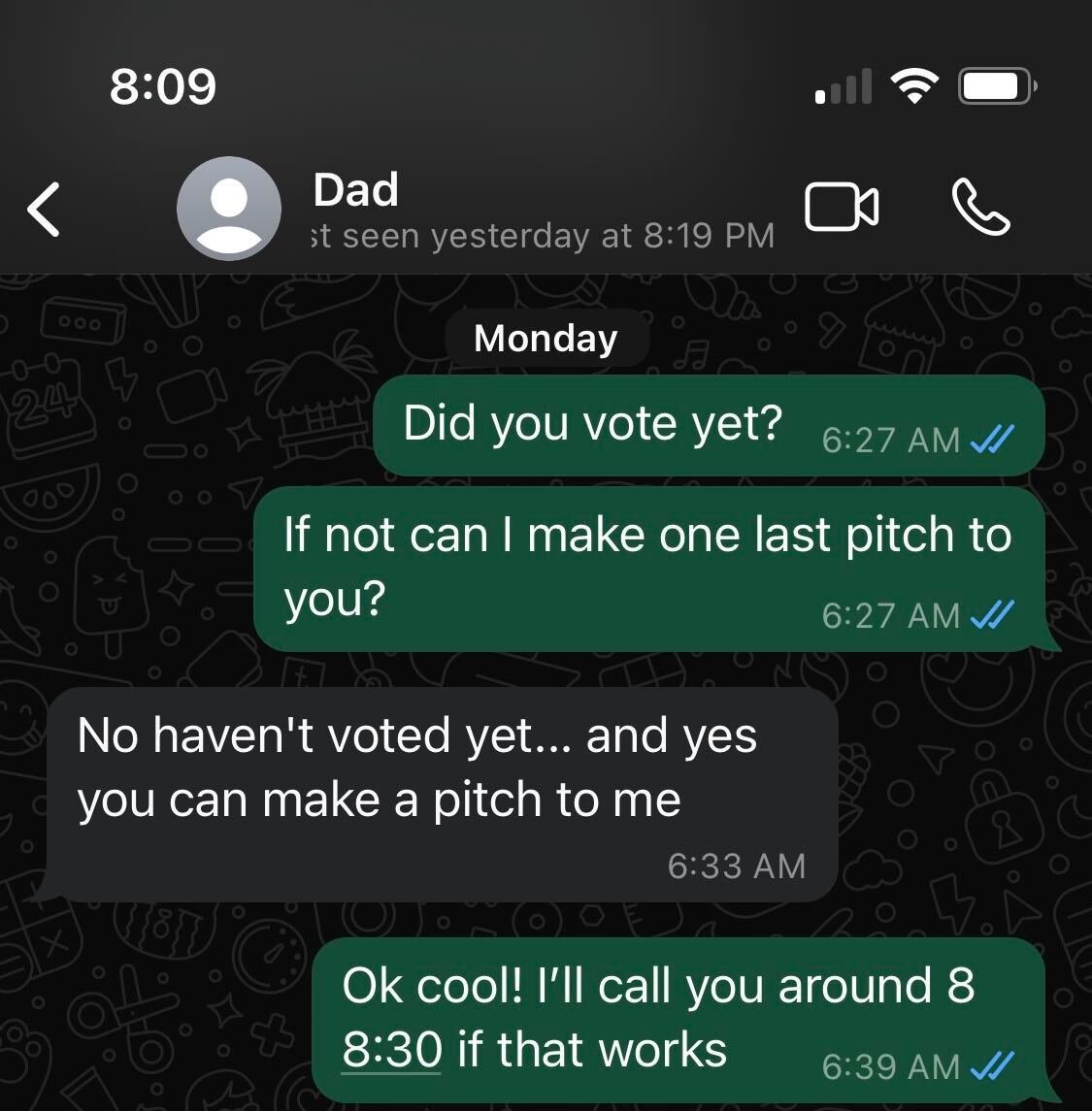 timevalueofbtc's tweet photo. Personal story.

On Monday, I texted my Dad, a lifelong Democrat:

"Did you vote yet?" 

He hadn't, so I asked him if I could make him one last pitch.

When we spoke, I explained to him my thoughts on free speech, communist economics, how he raised me, and the endorsement of @elonmusk versus media elites.

At the end of our call, he said, "You know, you're right. We do need to make America great again."

I don't know how he voted, and I might never ask. But I know I did my part, just like millions of other Americans out there. I woke up on Tuesday feeling nothing but peace in my heart.